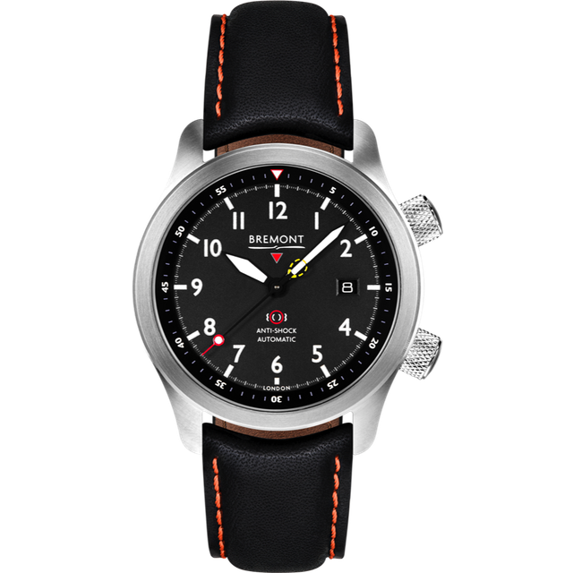 Bremont Watch MBII Custom Stainless Steel Black Dial with Titanium Barrel & Open Case Back - Black with Orange Stitch Leather Deployment Clasp