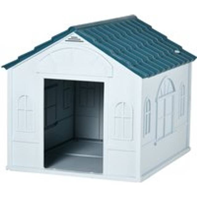 PawHut Weather-Resistant Dog House, Durable Plastic Kennel for Indoor and Outdoor Use, Large, White and Blue Aosom UK