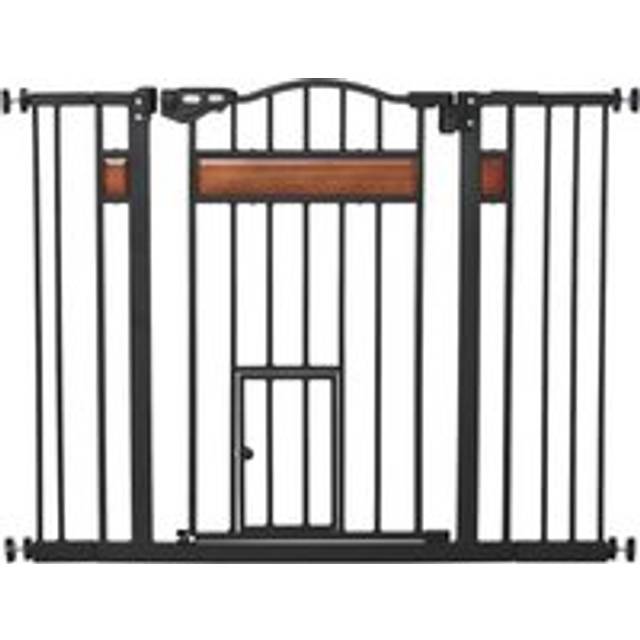 Pawhut Dog Gate With Cat Flap Pet Safety Gate, Auto Close Double Locking Pine Wood Decoration, For Doorways Stairs Indoor, 74-105 Cm Wide, Black