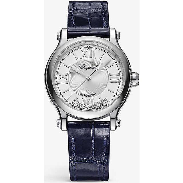 Chopard Womens Stainless Steel 278608-3001 Happy Sport Alligator-embossed Leather, Stainless-steel and 0.25ct Diamond Self-winding Mechanical Watch 33mm - stainless steel
