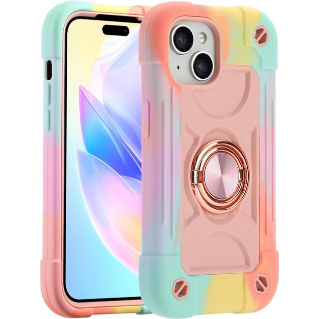 iPhone 15 Plus Case 6.7 Inch with Built-in Kickstand, [Full Body Rugged Military Grade] Drop Protection Heavy Duty Case (Rainbow Pink)