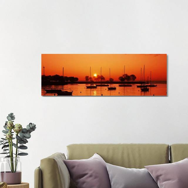 Silhouette of Boats in a Lake, Lake Michigan, Great Lakes, Michigan, USA - Wrapped Canvas Panoramic Photograph (40.64cm H x 121.92cm W x 3.81cm D)