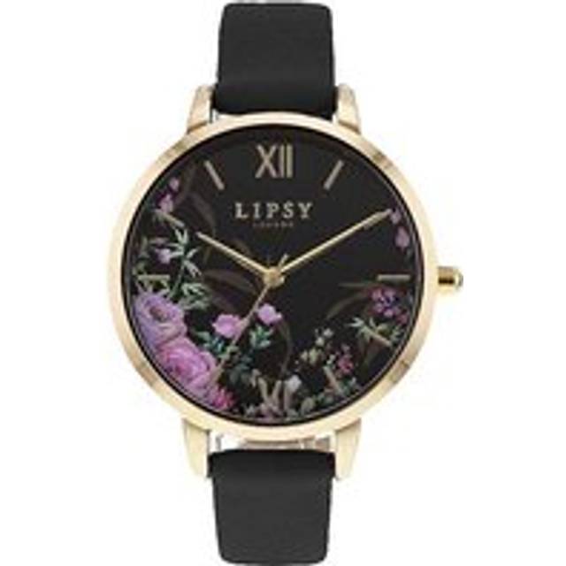 Lipsy Floral Dial Black Leather Strap Watch