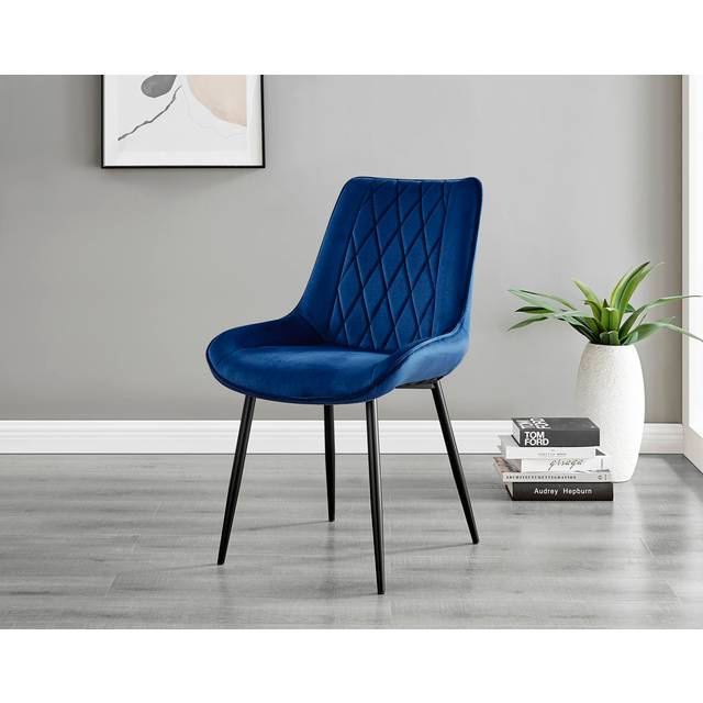 Palermo Velvet Modern Dining Chairs with Tapered Metal Legs & Quilted Diamond Stitching - Navy (88cm H X 54cm W X 63cm D)