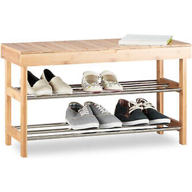 Relaxdays Shoe Storage Bench, Bamboo Shoe Rack for 6 Pairs, Seating with Storage HWD: 43x74x30 cm, Natural