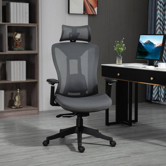 Ergonomic Fabric Commercial Use Desk Chair with Headrest - Grey (128cm H X 70cm W X 66cm D)