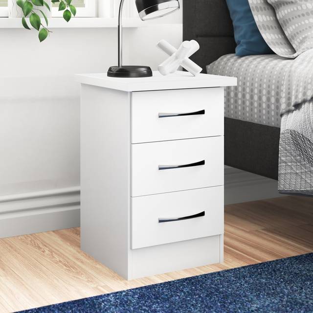 Cascio 3 Drawer Bedside Table - White Gloss (61cm H X 40cm W X 40cm D)