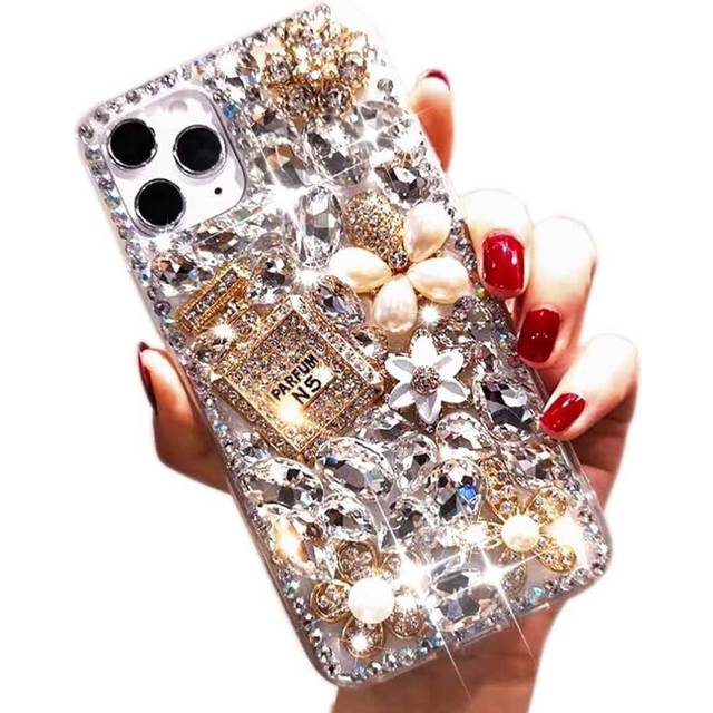 iPhone 13 pro max Luxury Bling Glitter Case, Diamond Rhinestone 3D Perfume Bottle & Flower, Soft TPU Cover for Women & Girls