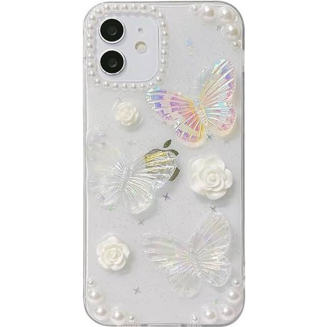 iPhone 13 Case Cute Butterfly Flower Pearl 3D Twinkle Glitter Spark Luxury Girly Aesthetic Personalized  Transparent Epoxy TPU Case
