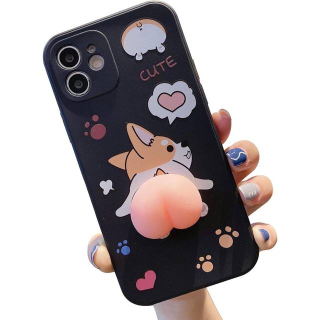 Creative and Fun Swinging 3D Pink Butt Animal Soft TPU Silicone Rubber Phone Case, iPhone12 Pressure Release Cover  Corgi Black