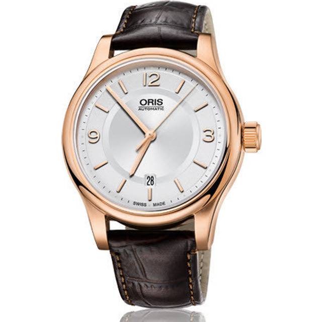 Oris Watch Classic Date Rose Gold PVD Leather - Silver