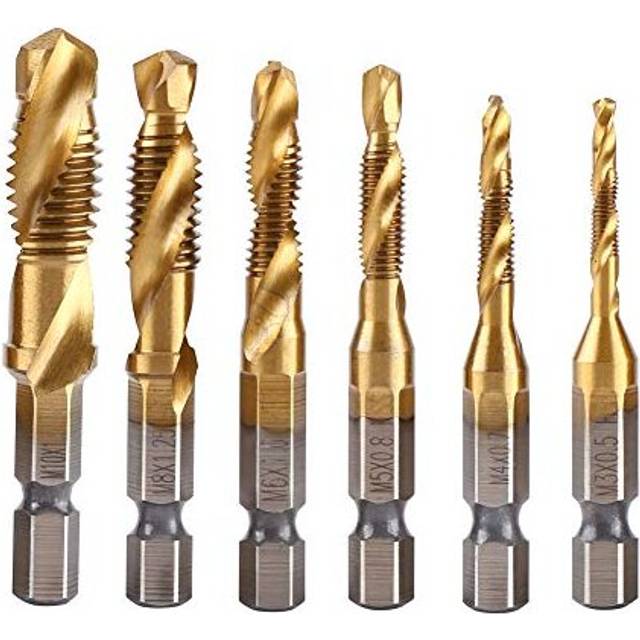 6pcs HSS Tap Drill Bit Set 2 in 1 Combination Drills and Taps Set M3 M4 M5 M6 M8 M10 Titanium Coated HSS Metric Hex Shank Screw Taps Tool Set