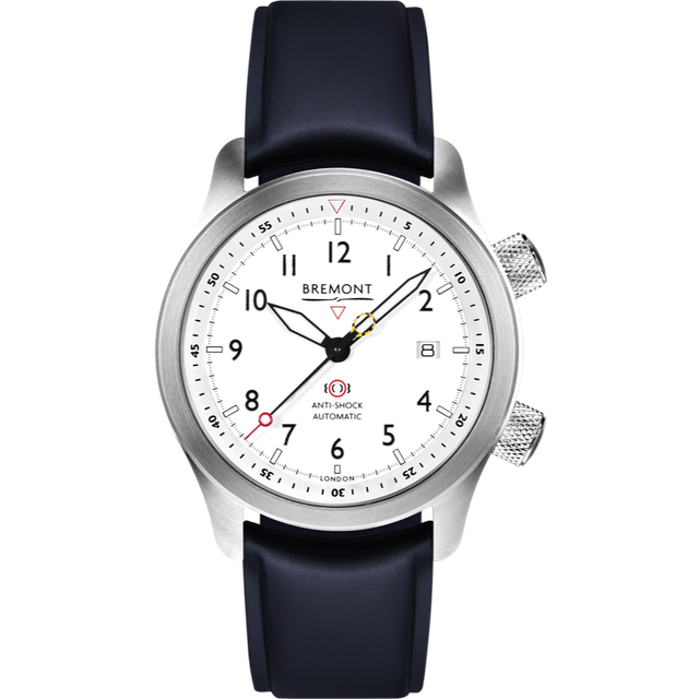 Bremont Watch MBII Custom Stainless Steel White Dial with Bronze Barrel & Closed Case Back - Blue Temple Island Deployment Clasp