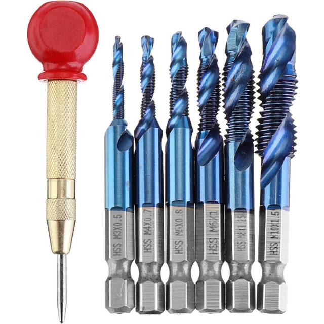 Drillpro 6pcs M3-M10 Combination Drill Tap Bit Set HSS Blue Nano Deburr Countersink Bits with Automatic Center Pin Punch
