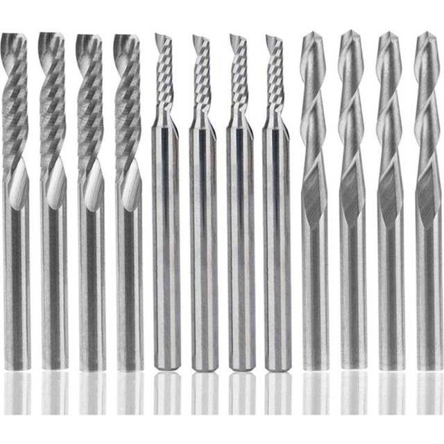 Drillpro 12Pcs Carbide Milling Cutter CNC Milling Cutter Single/Double Flute Tool For Nylon Resin ABS Acrylic PVC MDF Hardwood