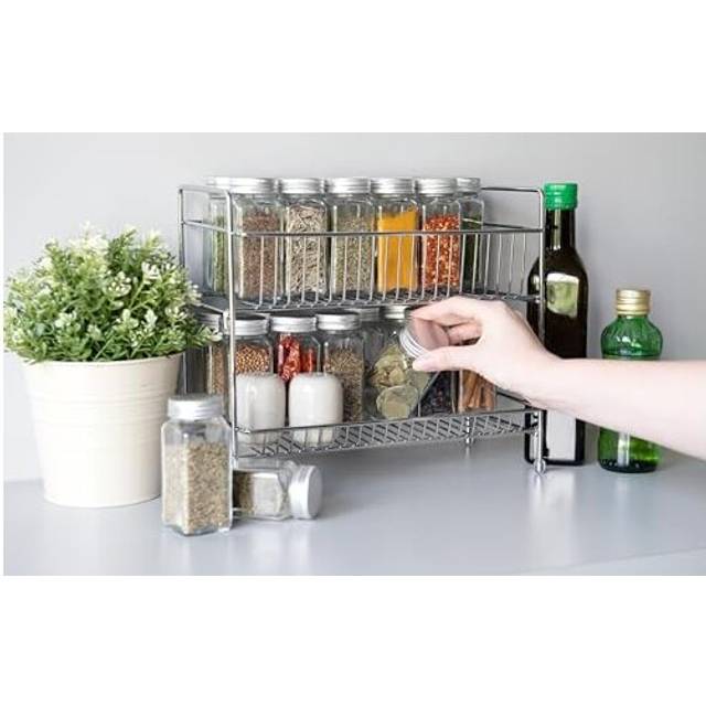 2 Tier Spice Rack - Kitchen Countertop Free Standing Organiser for Spices, Herbs, Seasonings - Metal Storage Stand for Ingredients - Silver