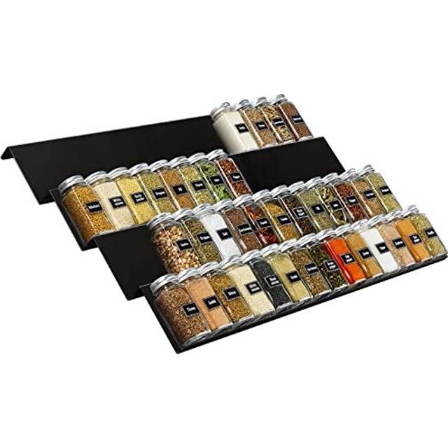 Spice Drawer Organizer Spice Rack Seasoning Jars Storage Tray Adjustable Expandable for Kitchen, Countertop, Cabinet, Shelf, 4 Tiers, Set of 8, Black