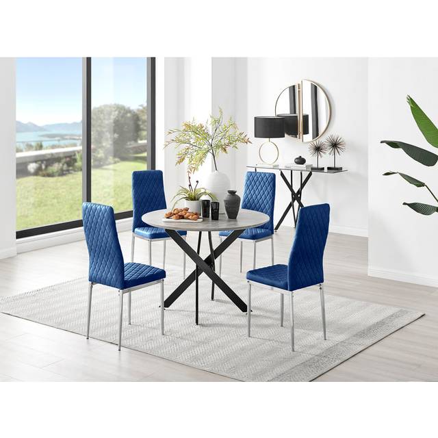 Tierra Modern Chrome Metal & Glass Round Dining Table Set with 4 Quilted Velvet Chairs - Silver (75 x 100 x 100cm)