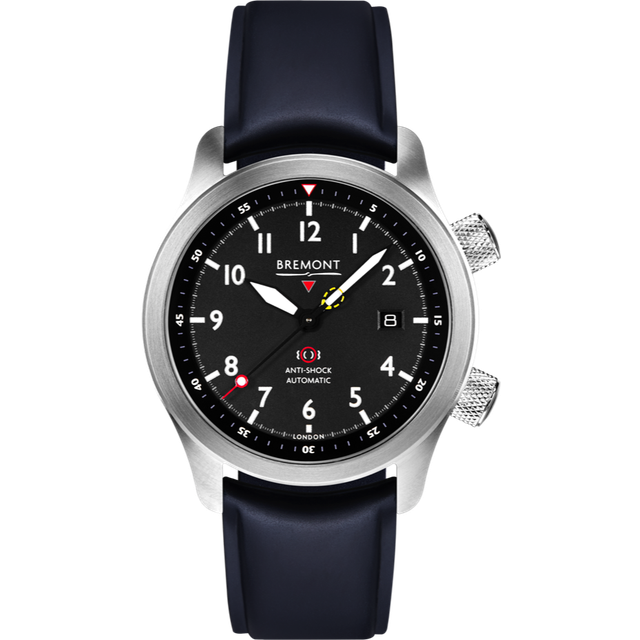Bremont Watch MBII Custom Stainless Steel Black Dial with Titanium Barrel & Open Case Back - Blue Temple Island Deployment Clasp