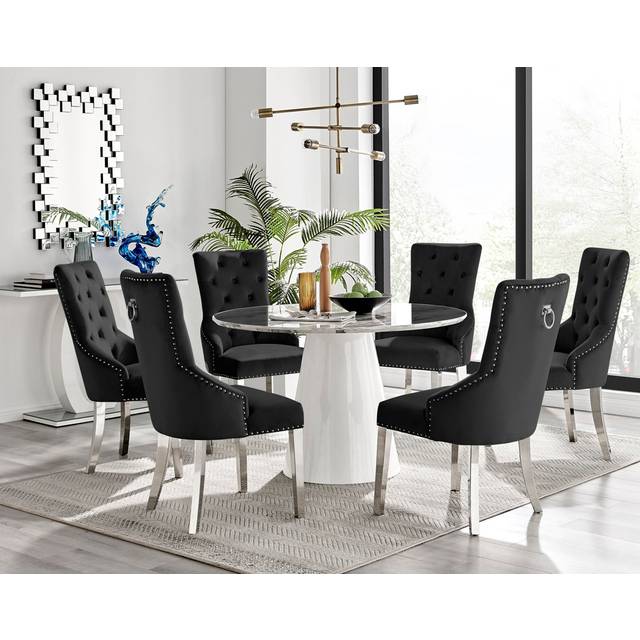 Edward Statement Pedestal Dining Table Set with 6 Luxury Velvet Upholstered Dining Chairs - White Marble Effect (6)