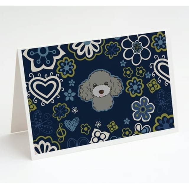 Blue Flowers Silver Gray Poodle Greeting Cards and Envelopes Pack of 8