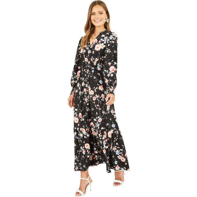 Yumi Black Blossom Floral Print Ruched Long Sleeves Midi Dress - Size 12 UK - Yumi