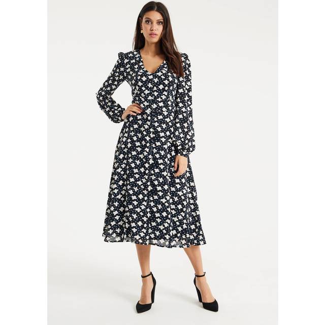 Womens Floral And Heart Print Midi Dress In Black - 10
