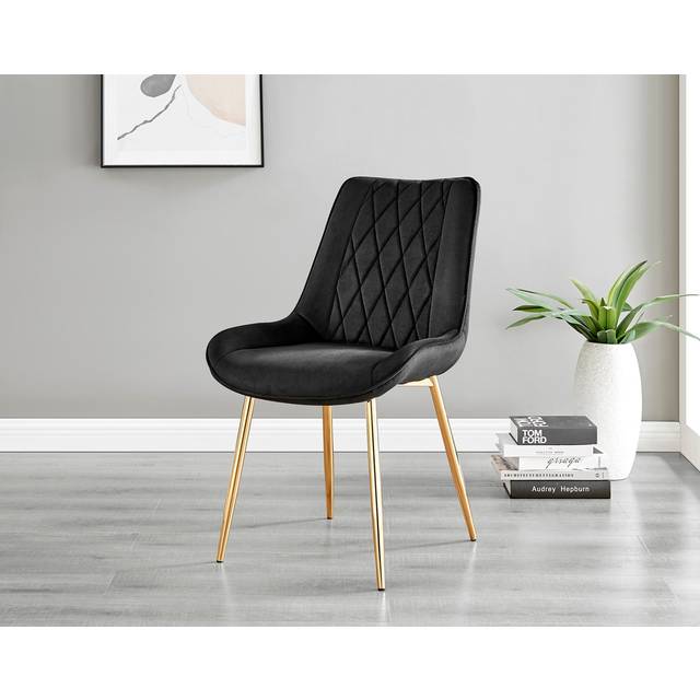 Palermo Velvet Modern Dining Chairs with Tapered Metal Legs & Quilted Diamond Stitching - Black (88cm H X 54cm W X 63cm D)
