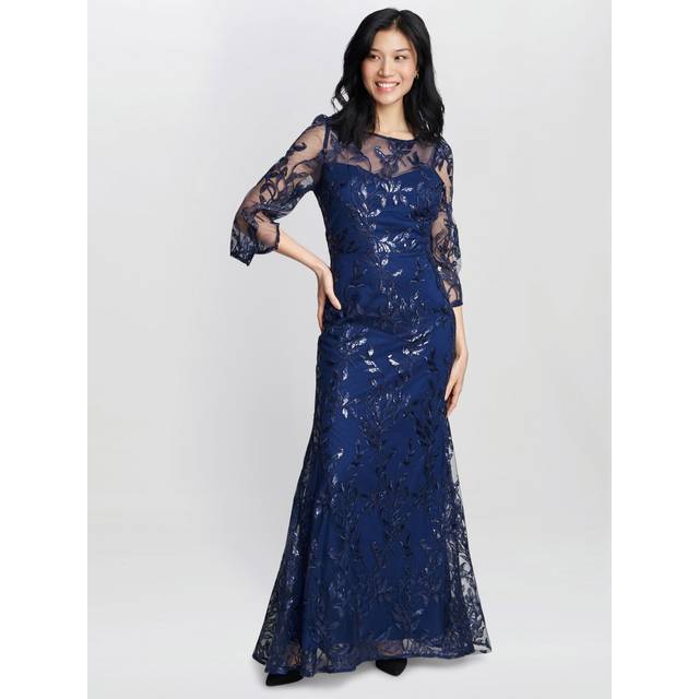 Gina Bacconi Jordana Beaded Illusion Sleeves Maxi Dress, Navy