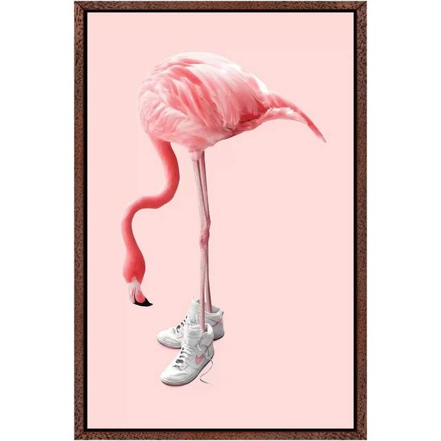Sneaker Flamingo - Print on Canvas - Classic Brown Wood Framed (101.6 cm H x 66.04 cm W)