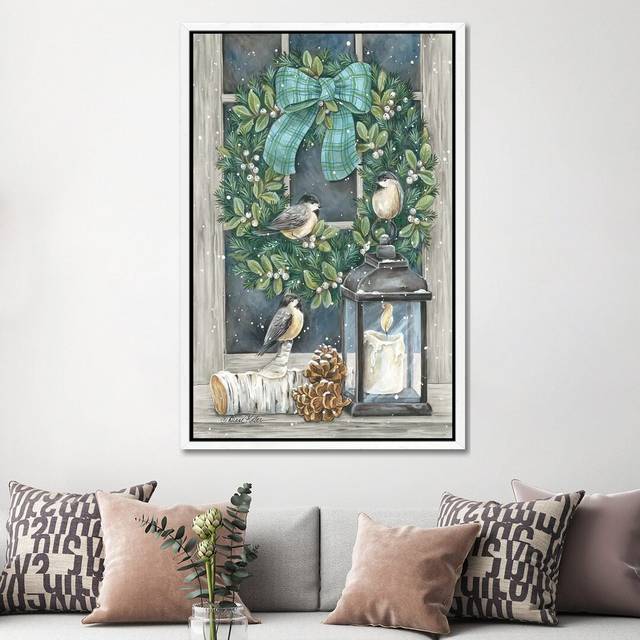 Winter Wreath by Diane Kater - Graphic Art Print on Canvas - White Framed (152.4cm H x 101.6cm W x 3.81cm D)
