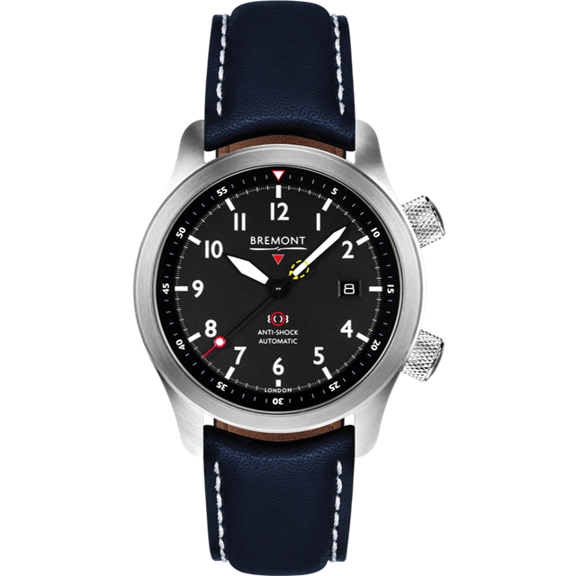 Bremont Watch MBII Custom Stainless Steel Black Dial with Titanium Barrel & Open Case Back - Blue with White Stitch Leather Deployment Clasp