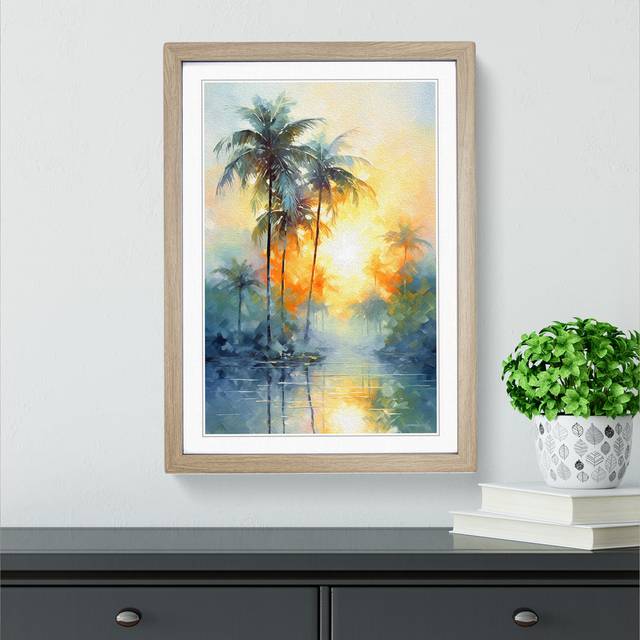 Palm Tree Impressionism No.3 - Single Picture Frame Art Prints on Wood - Oak Framed (34cm H x 25cm W)