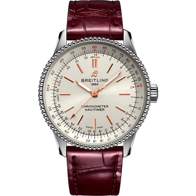 Breitling Watch Navitimer Automatic 35 Silver Burgundy Croco Tang Type - Silver