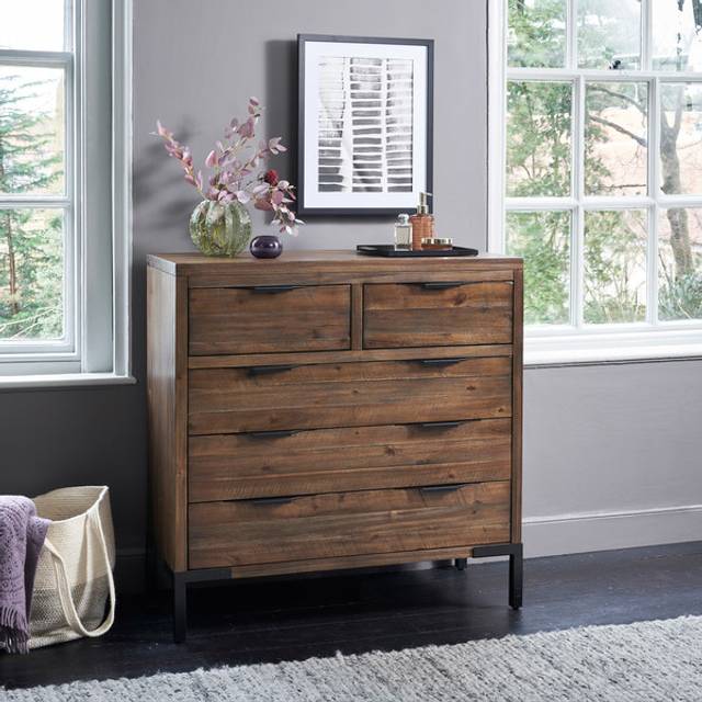Solid Hardwood & Metal Chest of Drawers - 5 Drawer Chest - Detroit Range - Oak Furnitureland