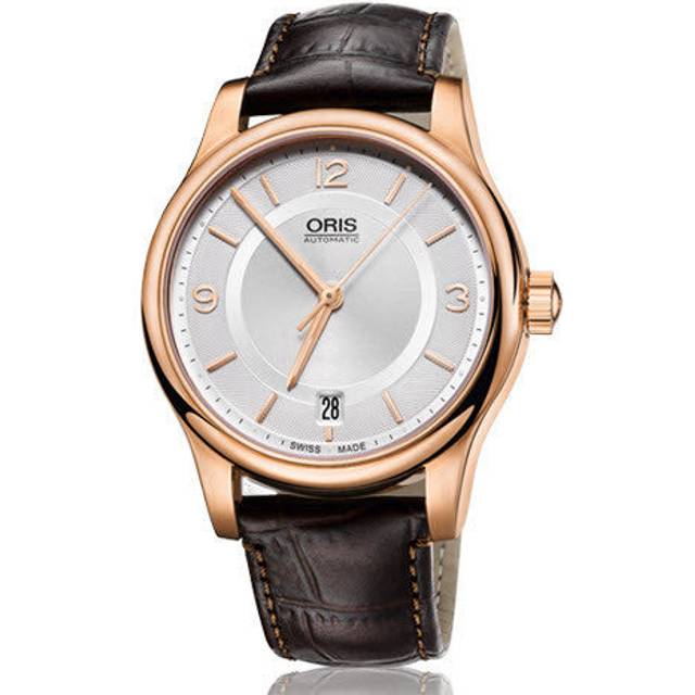 Oris Watch Classic Date Rose Gold PVD Leather - Silver