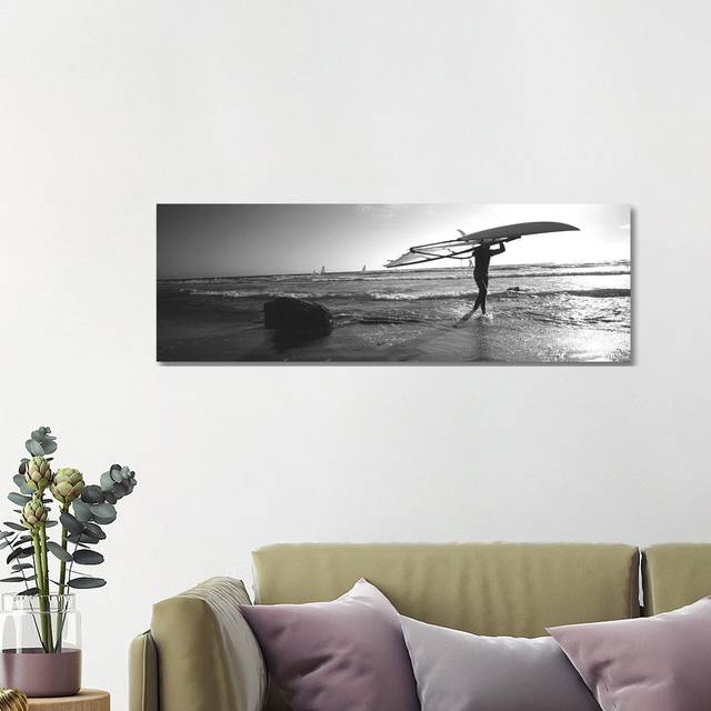 Man Carrying A Surfboard Over His Head On The Beach, Santa Cruz, California, USA (121.92 cm H x 40.64 cm W x 1.91 cm D)