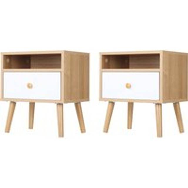 Homcom Bedside Table, Bedside Cabinet With Drawer And Shelf, Modern Nightstand, End Table, Set Of 2, Natural