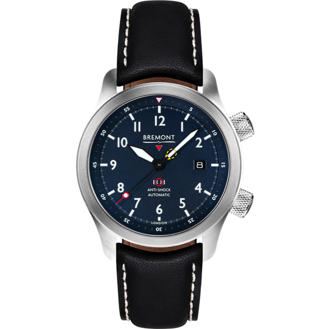 Bremont Watch MBII Custom Stainless Steel Blue Dial with Titanium Barrel & Closed Case Back - Black with White Stitch Leather Deployment Clasp