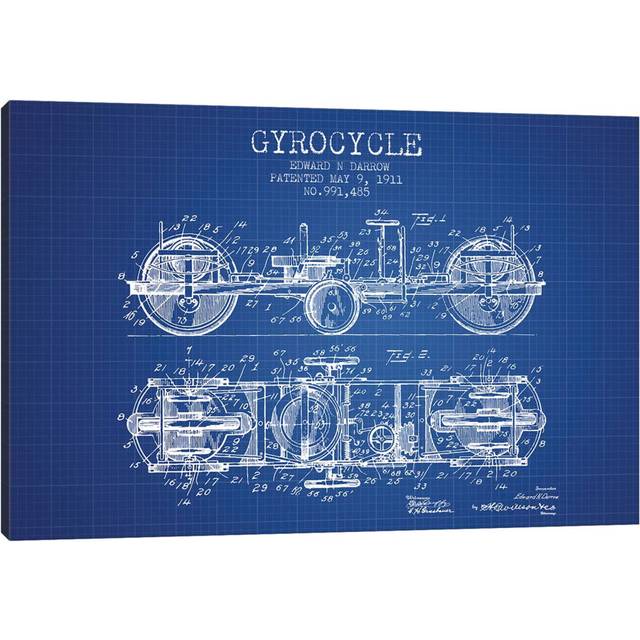 Edward N. Darrow Gyrocycle Patent Sketch (Blue Grid) by Aged Pixel - Wrapped Canvas Art Prints (152.5 cm H x 101.5 cm W)