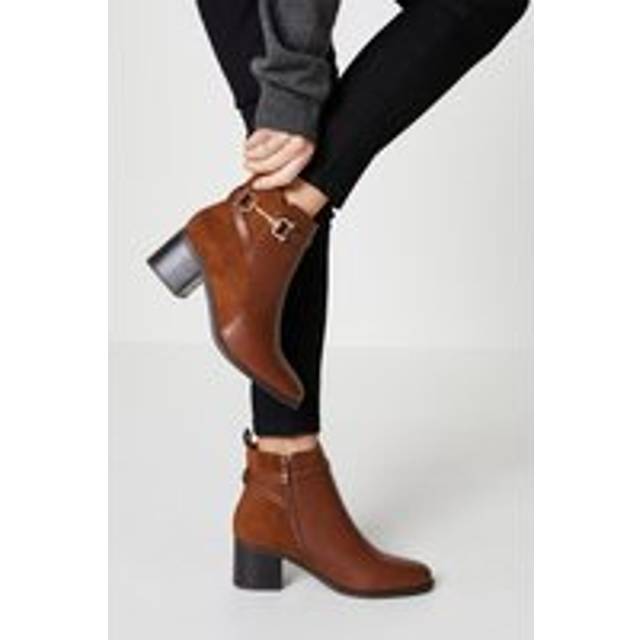 Womens Antonia Faux Leather & Suede Snaffle Detail Mid Heel Ankle Boots - Tan - 4