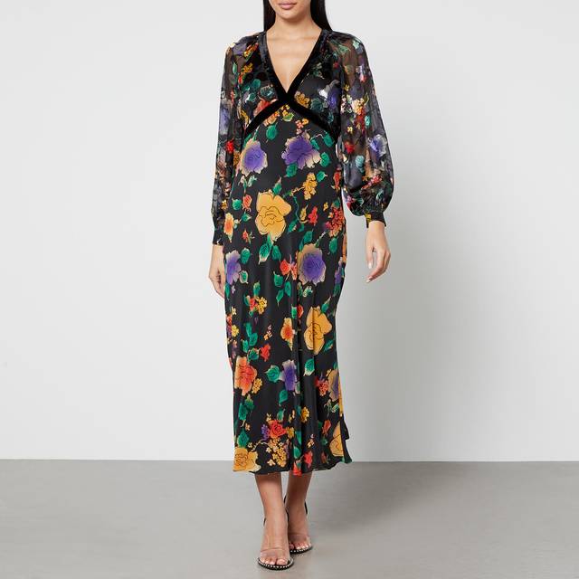 Rixo Ayla Floral-Print Chiffon Midi Dress - UK 8 - Black