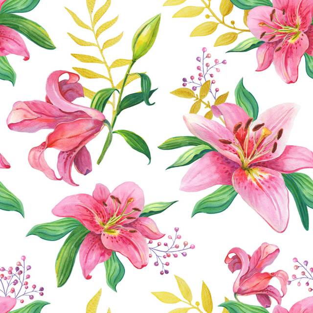 Pink Lilies.Watercolor Seamless Pattern (30cm H x 30cm W x 3.8cm D)