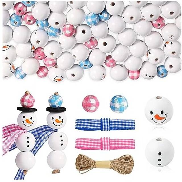 150pcs Christmas Wood Beads, Snowman Wooden Beads Buffalo Plaid Wood Beads Christmas Print Cute Wood Beads with Hemp Rope Ribbon for DIY Jewelry