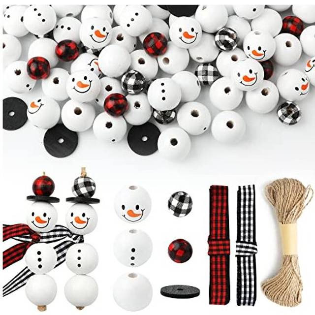 150pcs Christmas Snowman Wooden Beads Set, Winter Wooden Beads Christmas Buffalo Plaid Beads with Hemp Rope for DIY Crafts Decoration