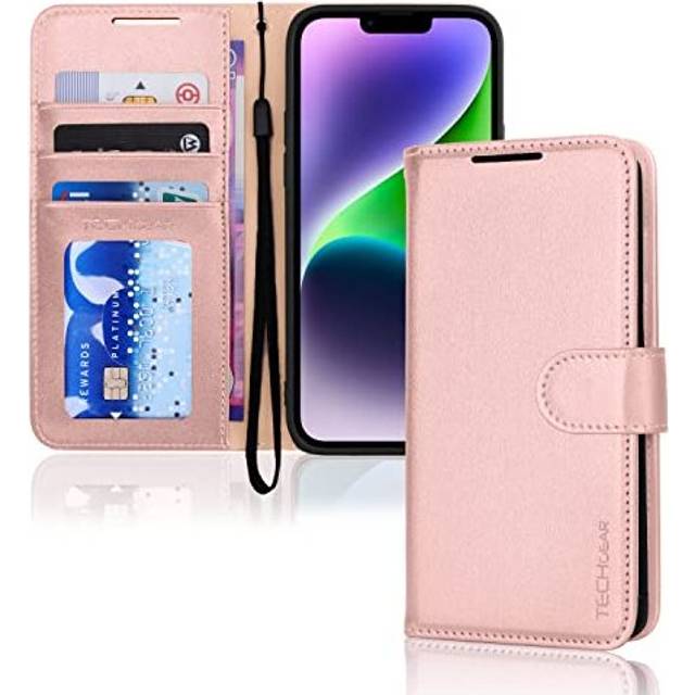 iPhone 14 Leather Wallet Case, Flip Protective Case Cover with Wallet Card Holder, Stand and Wrist Strap - Pink PU Leather with Magnetic Closure for