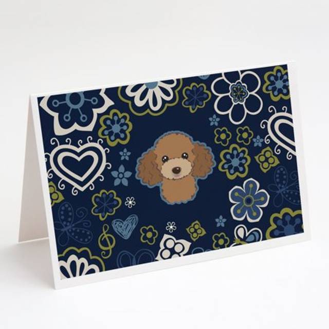 Blue Flowers Chocolate Brown Poodle Greeting Cards and Envelopes Pack of 8