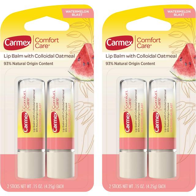 Carmex Comfort Care Lip Balm Sticks with Colloidal Oatmeal  Watermelon Blast Flavor  4 Count (2 Packs of 2)