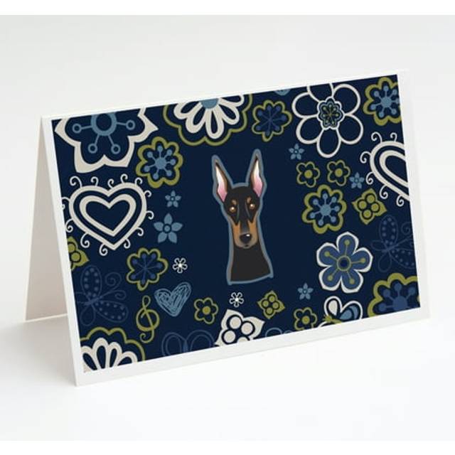Blue Flowers Doberman Pinscher Greeting Cards and Envelopes Pack of 8
