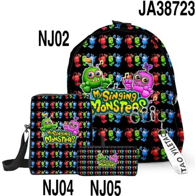 (Black) 3 pieces Monsters Backpack Boys Girls Primary Middle School Students Schoolbag
